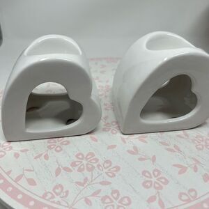 2 Valentine’s Galentine’s Day Heart Candle Holders White Ceramic NWT